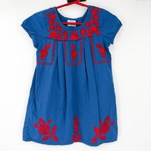 Mer St. Barth Girls Blue Red Floral Embroidered Short Sleeve Dress Size Medium
